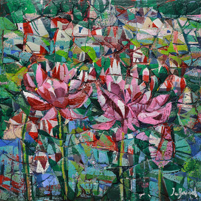 Lotus, 2016, Mischtechnik auf Hartfaser, Straußeneierschale, Acryl, 25 x 25 cm