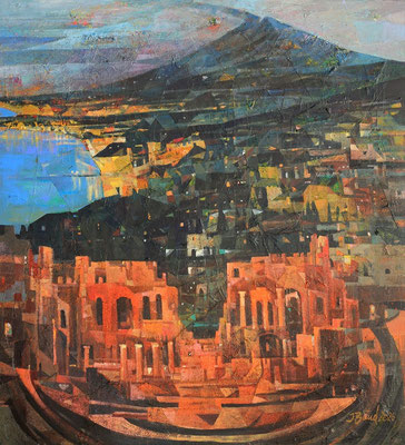 Taormina am Abend, 2026, Mischtechnik auf Leinwand, 110 x 100 cm