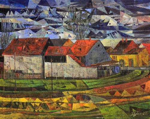 Gehöft in Linow, 2022, Mischtechnik auf Leinwand, 40 x 50 cm