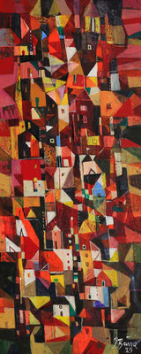 Die rote Stadt, 2025, Mischtechnik auf Holz, 40 x 16 cm