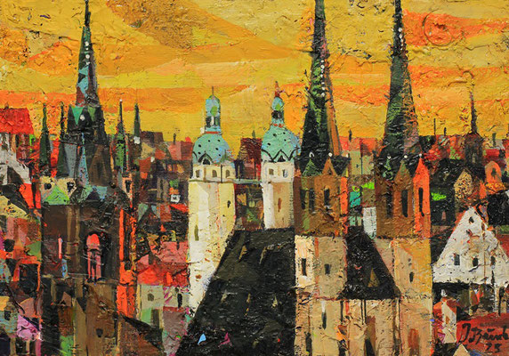 Halle, Turmspitzen, 2025, Mischtechnik auf Holz, 21 x 30 cm