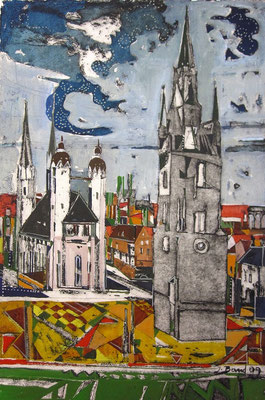 Marktplatz, Radierung, koloriert, 30 x 20 cm