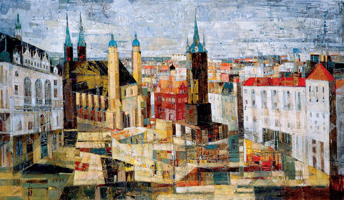 Halle, Marktplatz, 1998, Mischtechnik auf Leinwand, 70 x 140 cm