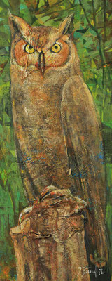 Waldkautz, 2026, Mischtechnik auf Holz, 40 x 16 cm