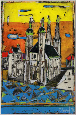 Halle, Marktkirche, Radierung, koloriert, 15 x 10 cm