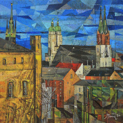 Blick aus der Moritzburg, 2026, Mischtechnik auf Leinwand, 40 x 40 cm