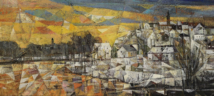 Wintertag an der Saale, 2025, Mischtechnik auf Leinwand, 33 x 73 cm
