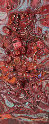 Florales Rot, 2021, Mischtechnik auf Holz, 40 x 16 cm