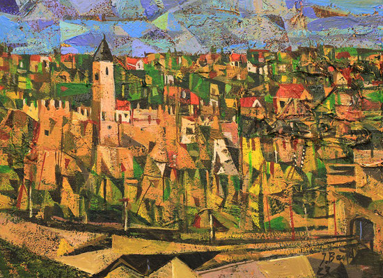 Die Burg, 2023, Mischtechnik auf Holz, 20 x 26 cm