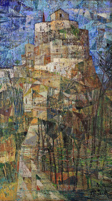 Burgberg in Sizilien, 2021, Mischtechnik auf Hartfaser, 47 x 26 cm