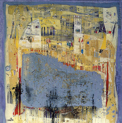 Wassermusik, 1999, Sand, Collage, Acryl und Öl auf Leinwand, 140 x 140 cm