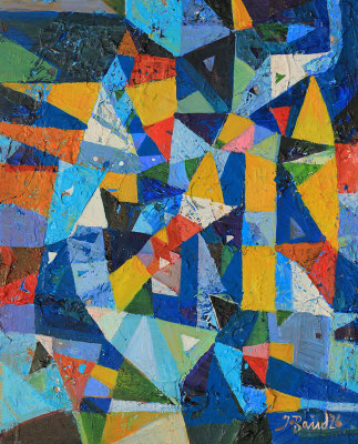 Tanzende Geometrie, 2026, Mischtechnik auf Holz, 26 x 21 cm