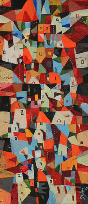 Häuser am Hang, 2025, Mischtechnik auf Hartfaser, 37 x 16 cm