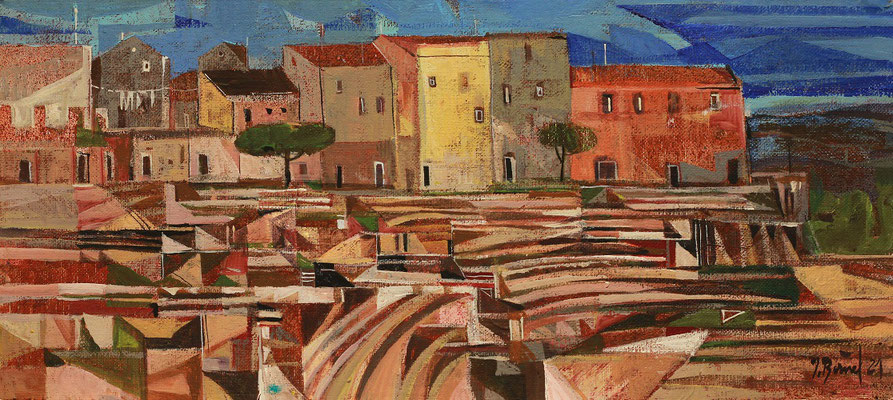 Das Theater in Pollina, 2021, Mischtechnik auf Hartfaser, 19 x 42 cm