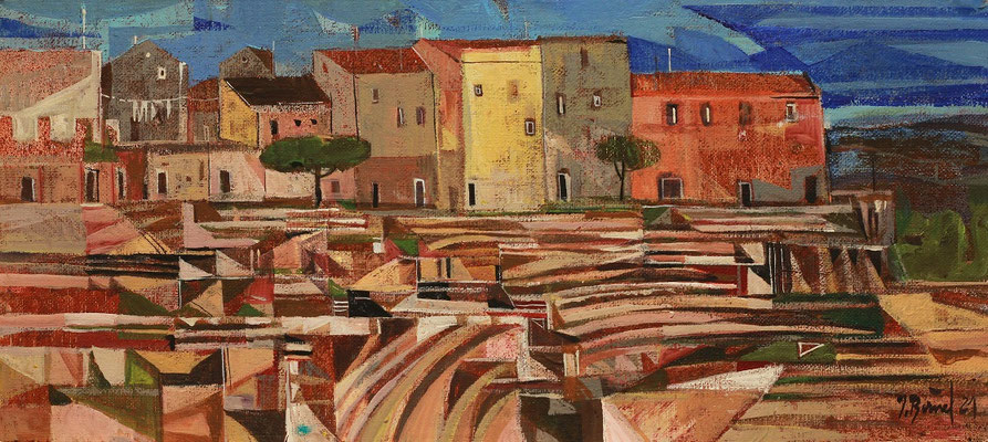 Das Theater in Pollina, 2021, Mischtechnik auf Hartfaser, 19 x 42 cm