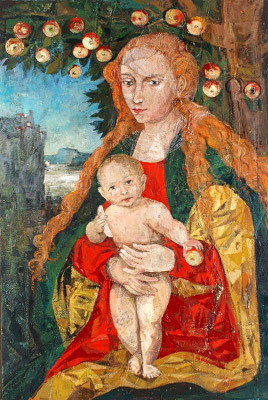 Madonna mit dem Kinde (nach L. Cranach), 2003, Leinwandcollage auf Leinwand, Acryl, Öl, Mischtechnik, 120 x 80 cm