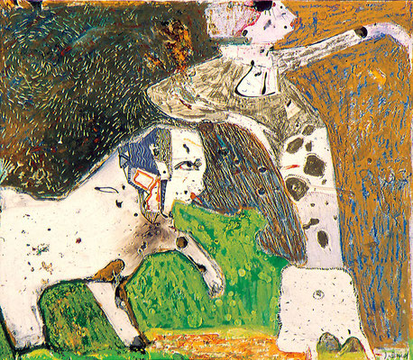 Dame und krummer Hund, 1990, Ölkreide, Lack auf Papier, 30 x 40 cm