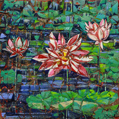 Lotus, 2016, Mischtechnik auf Hartfaser, Straußeneierschale, Acryl, 25 x 25 cm