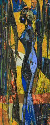 Blaue Gestalt, 2026, Mischtechnik auf Holz, 40 x 16 cm
