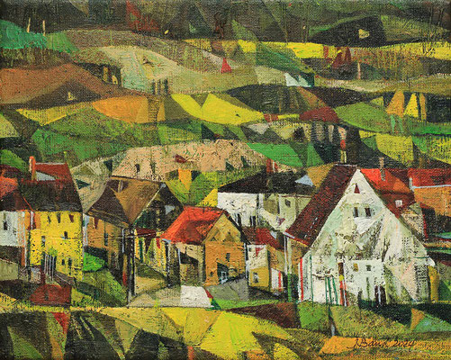 Häuser im Wallertal, 2024, Mischtechnik auf Leinwand, 24 x 30 cm