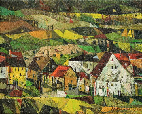 Häuser im Wallertal, 2024, Mischtechnik auf Leinwand, 24 x 30 cm