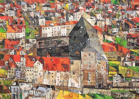 Moritzkirche in Halle, 2023, Mischtechnik auf Holz, 30 x 42 cm