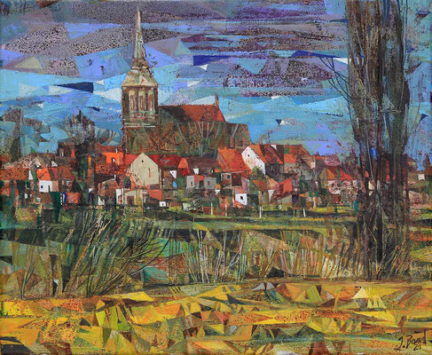 Kirche in Lassan, 2021, Mischtechnik auf Leinwand, 38 x 46 cm