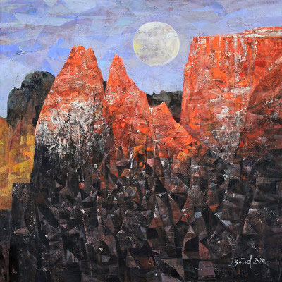 Abend in den Bergen, 2024, Mischtechnik auf Leinwand, 100 x 100 cm