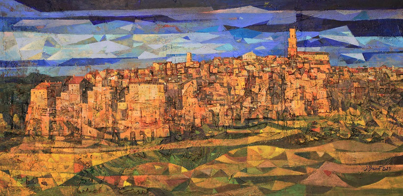 Pitigliano, 2023, Mischtechnik auf Leinwand, 67 x 137 cm