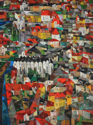 Blick von der Neuen Residenz zur Moritzburg, 2026, Mischtechnik auf Leinwand, 80 x 60 cm