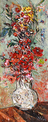 Rote Blumen, 2013, Mischtechnik auf Holz, 40 x 16 cm