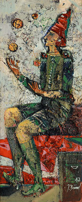 Der Jongleur, 2017, Mischtechnik auf Holz, 40 x 16 cm