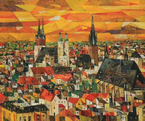 Halle am Abend, 2026, Mischtechnik auf Leinwand, 50 x 60 cm