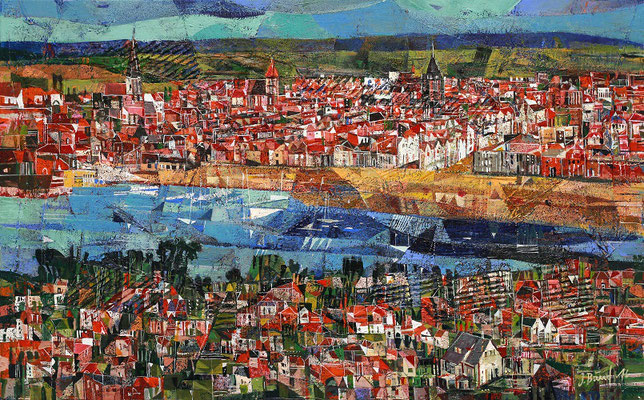 Rostock, Hafenansicht, 2016, Mischtechnik auf Leinwand, 50 x 100 cm