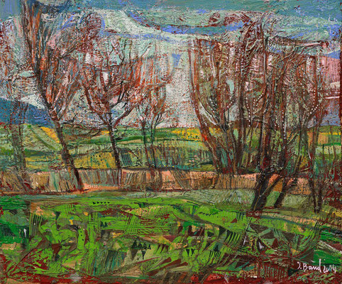 Bäume am Feldrand, 2014, Mischtechnik auf Hartfaser, 25 x 30 cm