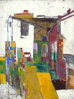 Der Hof, Radierung, koloriert, 29 x 24 cm