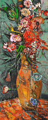 Blumen in schlanker Vase, 2013, Mischtechnik auf Holz, 40 x 16 cm