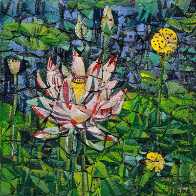 Lotus, 2016, Mischtechnik auf Hartfaser, Straußeneierschale, Acryl, 25 x 25 cm