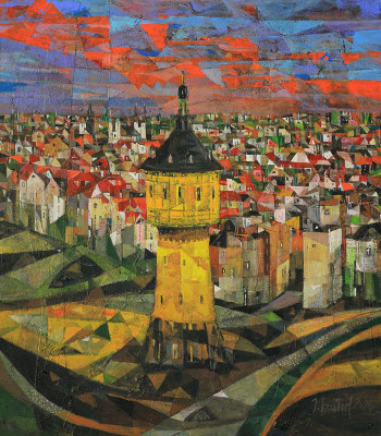 Wasserturm, 2026, Mischtechnik auf Leinwand, 80 x 70 cm
