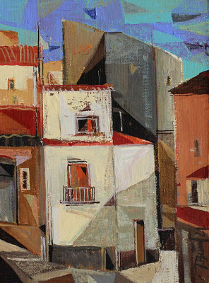 Blick vom Balkon in Pollina, 2021, Mischtechnik auf Hartfaser, 18 x 14 cm