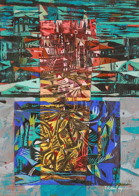 Kleine Stadt am Wasser, 2019, Mischtechnik auf Pappe, 30 x 21 cm