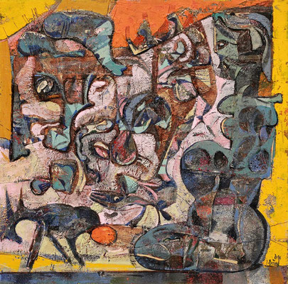 Gespräch, 2010, Plastische Arbeit auf Holz, 50 x 50 cm