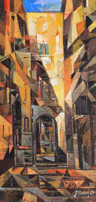 Gasse in Apulien, 2024, Mischtechnik auf Holz, 57 x 27 cm
