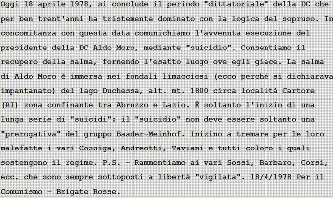 Comunicato num, 7 dove si annuncia il suicidio di Aldo Moro