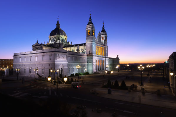 Nightfall Cathedral Almudena in Madrid, Spain