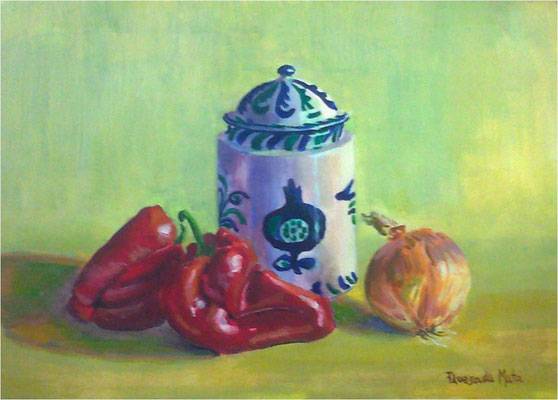 Onion and chiles- Oil on watercolor paper.