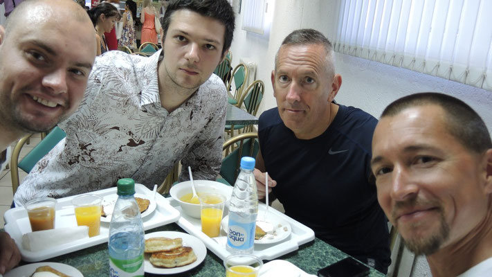 Serge, Alex, Tim and me having Draniki at the university canteen - Minsk - Belarus