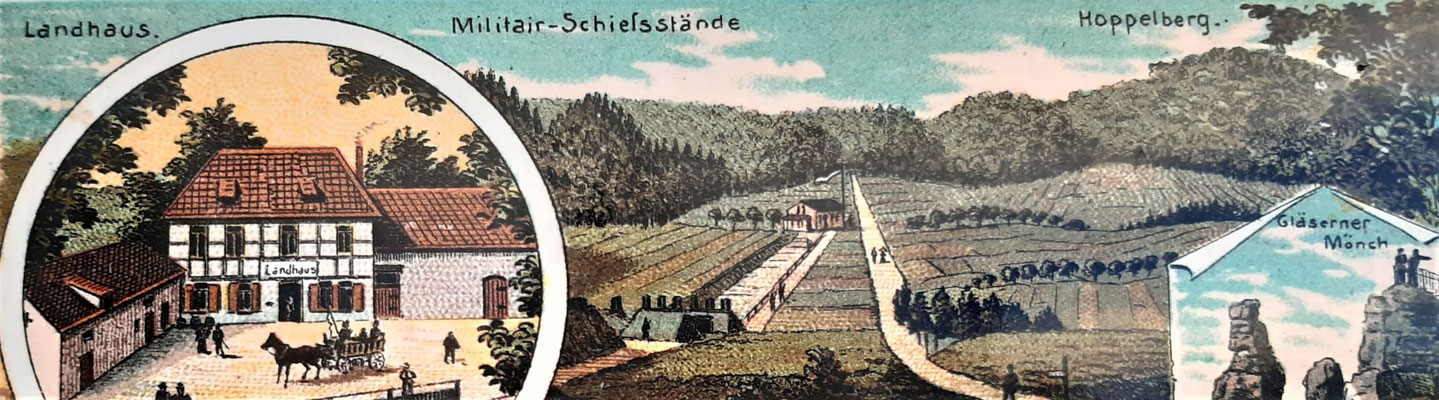 Teil einer historische Postkarte von 1896 mit Landhaus, Schießanlage und Gläserne Mönch