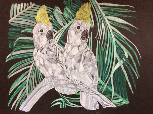 Swarovski Cockatoos: Caran d'Ache Luminance + Prismacolor on Canson Paper black A4