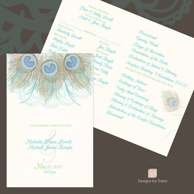 Design #8: Peacock Feather wedding programs (peacock feather from design 7 or 8 available) 5.5"x8.5" folded or 8.5"x11" open